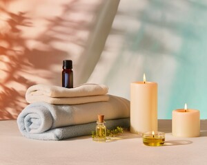 Symbolic visual imagination - Relaxing Spa Setting with Towels, Essential Oils, and Candles - creative concept