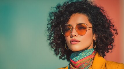 Young woman with curly hair wearing stylish sunglasses and colorful scarf