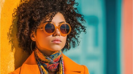 Young woman with curly hair wearing stylish sunglasses and colorful scarf
