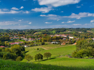 Obraz premium Panoramic view of Espelette in the French Basque Country, with red-roof houses, vineyards, and rolling green hills under a bright blue sky.