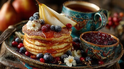 Autumn breakfast scene with mini pancakes, blueberries and pear slices