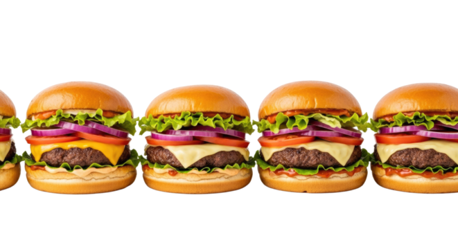 Delicious gourmet burgers lined up on white background.