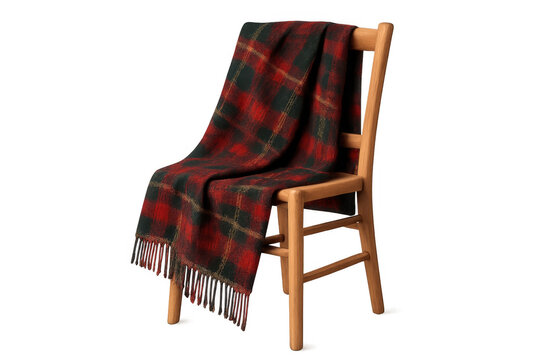 Blanket with red tartan plaid pattern draped over a light wooden chair, creating a cozy and inviting home decor scene on transparent background