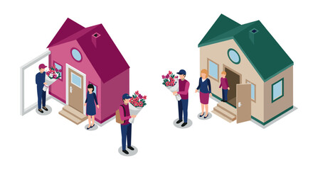 Isometric depiction of flower delivery at colorful houses