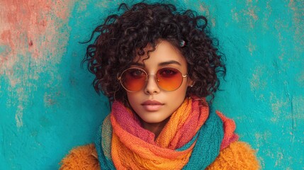 Fashion chic portrait of curly-haired woman wearing colorful scarf stylish modern look