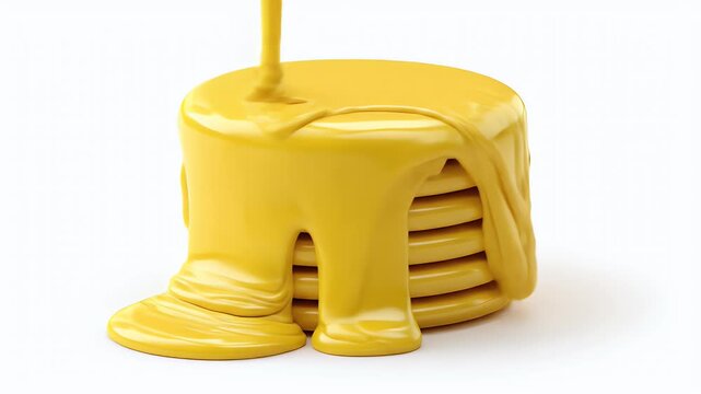 Delicious stack of golden pancakes with sweet syrup pouring over them.