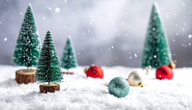 Festive tabletop scene with miniature trees and ornaments in artificial snow, blurred wintery backdrop, and falling snow