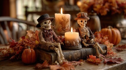 Fototapeta premium Charming Halloween vignette with skeleton figures and bright autumn decor