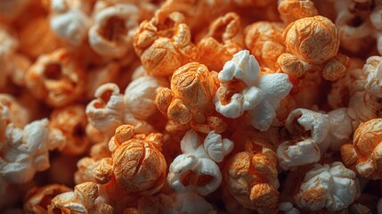 Close up popcorn snack orange cheese flavored and white fluffy kernels