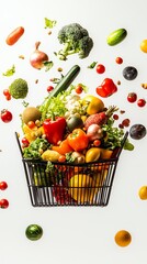 A floating shopping basket overflowing with fresh fruits and vegetables