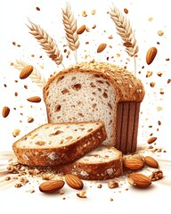 A highquality food illustration of a sliced loaf of whole wheat bread