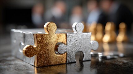 Crafting success together with interlocking gold and silver puzzle pieces symbolizes collaboration, unity and partnership in the world of business