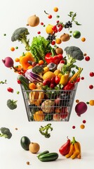 A floating shopping basket overflowing with fresh fruits and vegetables