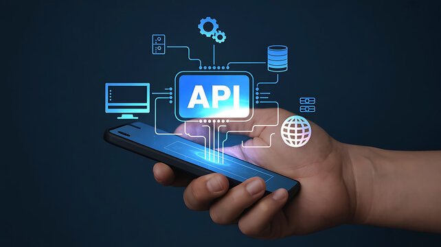 Mobile API Technology Concept Hand Holding Smartphone with Application Programming Interface Illustration