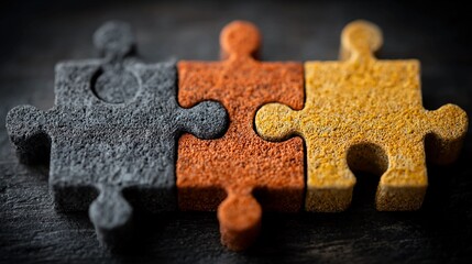 Three jigsaw pieces in gray, orange, and yellow, symbolizing teamwork, connection, and problem-solving for innovative business solutions