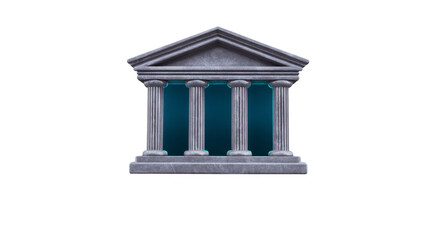 Ancient stone building with four columns and triangular pediment, classical architecture style, symbolizing law, government, or history, isolated on transparent background