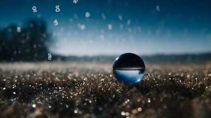 A glass sphere on a dewy field with floating numbers reflects a landscape under a blue sky