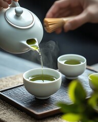 A person pouring green tea from a white teapot into a cup, with tea bowls and a bamboo whisk