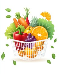 A premium vectorstyle commercial artwork a clean white wire basket filled with stylized fruits and vegetables   simplified geometric shapes for bell peppers