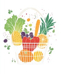 A premium vectorstyle commercial artwork a clean white wire basket filled with stylized fruits and vegetables   simplified geometric shapes for bell peppers