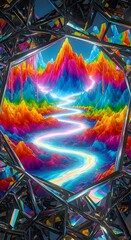 Surreal Rainbow Mountains Hexagonal Frame