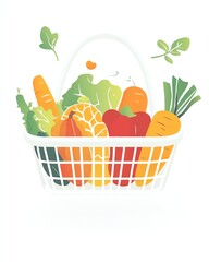 A premium vectorstyle commercial artwork a clean white wire basket filled with stylized fruits and vegetables   simplified geometric shapes for bell peppers