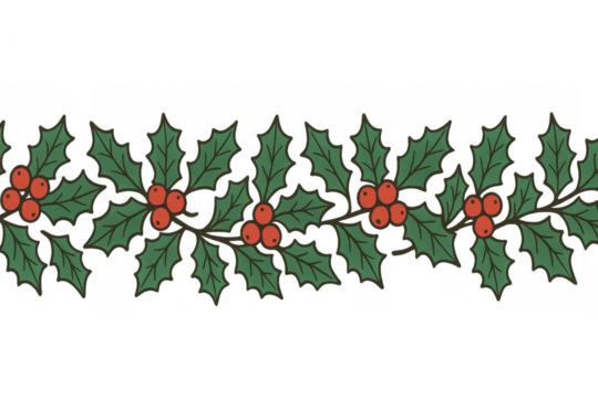 Holly leaves and red berries forming a repeating seamless horizontal border, perfect for winter and holiday designs