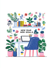New Year New Goals illustration with feminine workspace and plants. Colorful creative home office desk motivation concept with copy space