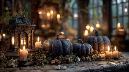 Dark atmospheric Halloween arrangement with pumpkins and candlelight