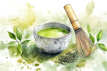 Flatlay watercolor painting of a matcha drink with green tea leaves, matcha whisk, and ceramic bowl,, rustic Japanese tea ceremony atmosphere