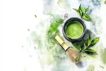 Flatlay watercolor painting of a matcha drink with green tea leaves, matcha whisk, and ceramic bowl,, rustic Japanese tea ceremony atmosphere