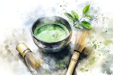 Flatlay watercolor painting of a matcha drink with green tea leaves, matcha whisk, and ceramic bowl,, rustic Japanese tea ceremony atmosphere