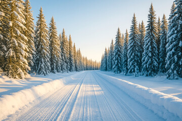 High-resolution image of a snow-covered road stretching through a pine forest bathed in warm golden light. The symmetry of the trees and glowing atmosphere evokes peaceful winter travel and adventure