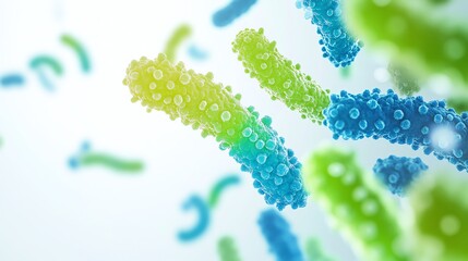 Intricate 3D Bacteria Visualization, vibrant green and blue hues, isolated on a clean white background, scientific exploration of microscopic life white background