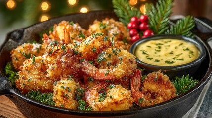 Fototapeta premium French-style fried shrimp pan served with aioli and winter greens