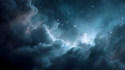 Obraz premium Dramatic night sky with luminous clouds and twinkling stars bathed in celestial light
