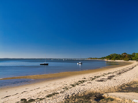 Taussat Beach, Arcachon Bay, France, with moored sailboats and a sweeping sandy shoreline under a cloudless blue sky. Soft afternoon light adds a peaceful seaside mood.