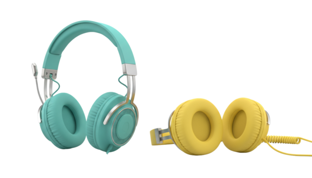 Music production gear collection colorful turquoise and yellow headphones, isolated on transparent background
