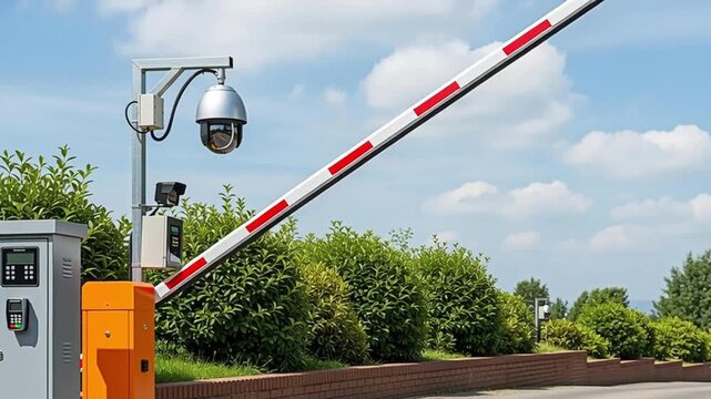 A security barrier and CCTV camera for the concept of security and access control.