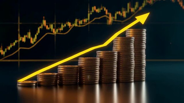 Stacks of golden coins increasing in height with glowing upward arrow and financial chart in background showing growth and economic progress