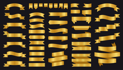 Golden ribbons. Decorative vintage gold banners and labels with geometric frame, luxury elegant award badge and rubber stamp flat design. Vector set