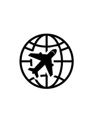 A black and white graphic depicting a simplified airplane flying over a globe, symbolizing global travel and aviation. The image is clean and minimalistic