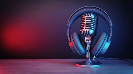 Podcast microphone with headphones against a colorful background for recording a radio show or music