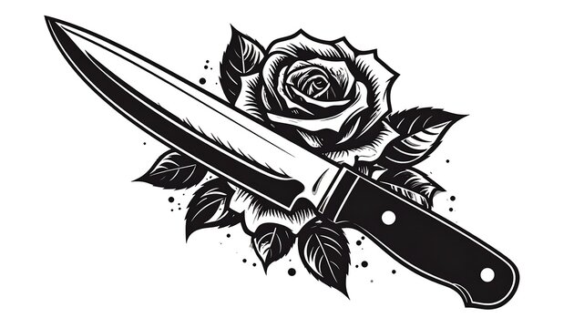 A black and white illustration of a knife piercing through a rose, creating a stark contrast. The design emphasizes texture