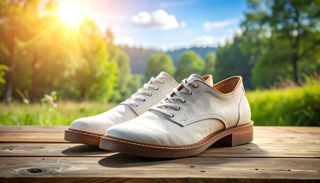 Elegant White Leather Shoes on Rustic Wooden Table Outdoors.
