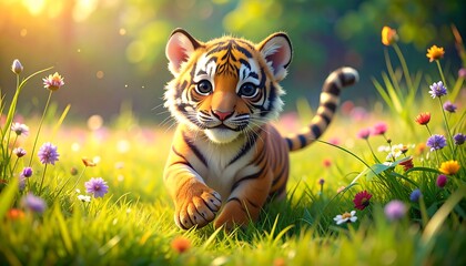 Adorable Tiger Cub Playing in a Sunny Meadow.