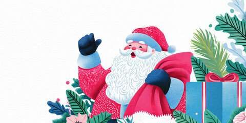 Santa Claus waving with gift bag and tropical plants around. Festive Christmas banner in modern colorful style with copy space