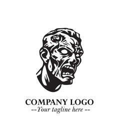 Head of Zombie Logo Symbol in Black on the White Background with Horror Minimal Vector Design