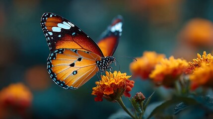 Stunning monarch butterfly sipping nectar from vibrant orange blossoms in dreamy garden setting, capturing the beauty of nature's delicate balance