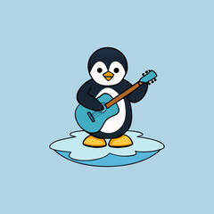 Cute cartoon penguin playing a blue guitar on an ice floe silhouette